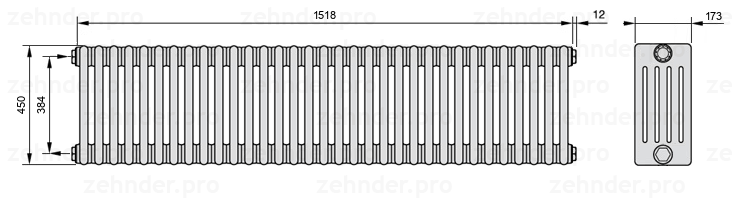 Схема (чертеж) Радиатор Zehnder Charleston 5045/33 №1270 Белый глянцевый RAL 9016